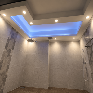 baño premium con cielo flotante e iluminación LED